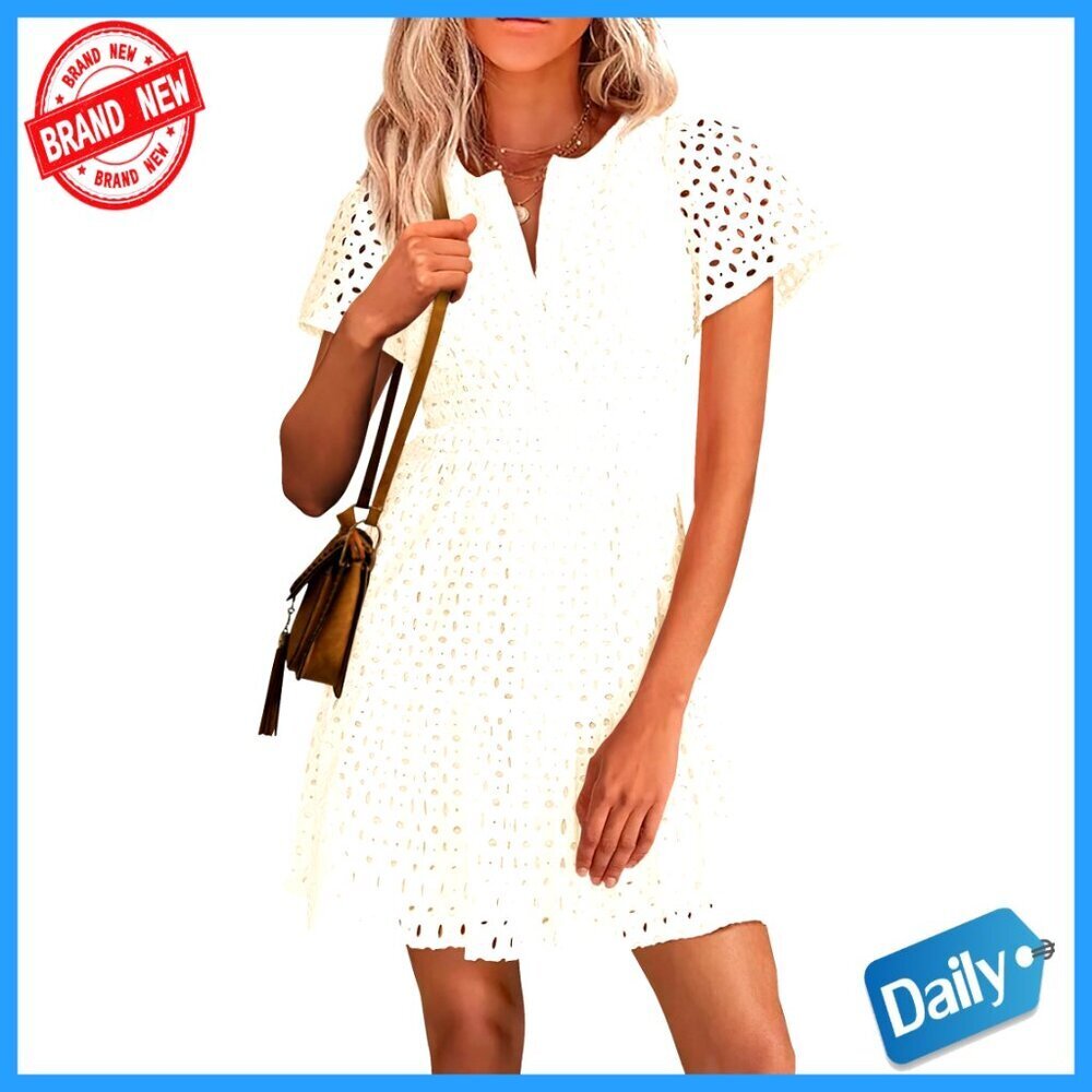 Summer V-Neck Short Sleeve A-Line Lace Ruffle Casual Dress